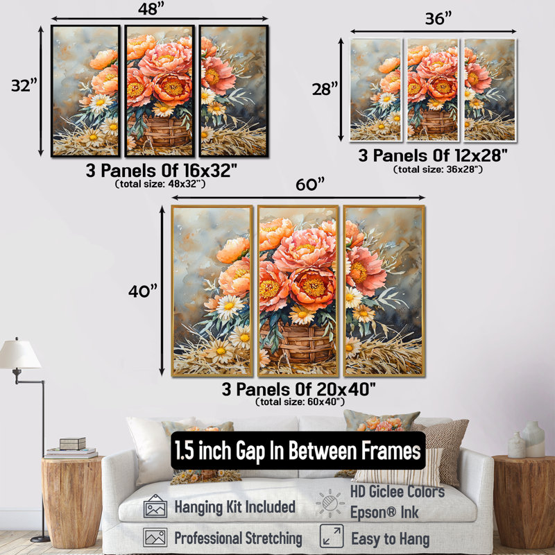 Récolte des pivoines d'automne à la grange II - art mural pivoines - ensemble de 3, Impression encadrée sans passe-partout