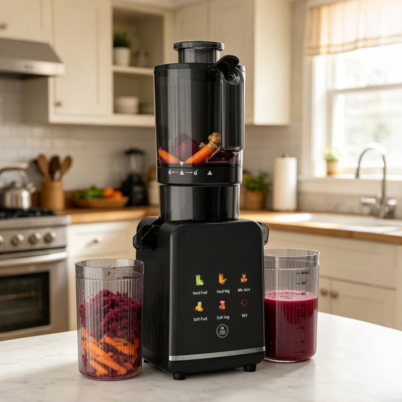 Extracteur de jus à pressage à froid de 4,35 po de large, extracteur de jus à mastication lente, rendement 30% plus élevé et rétention des nutriments à 95%, fonctionnement ultra-silencieux à 65DB à une touche et lavable au lave-vaisselle