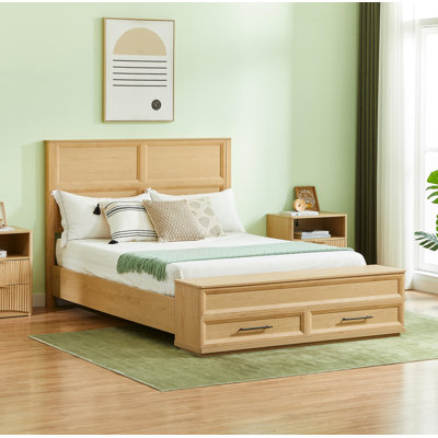 Grand lit avec tête de lit géométrique 3D et banc de rangement - rangement à 4 tiroirs, mobilier de chambre moderne, chêne