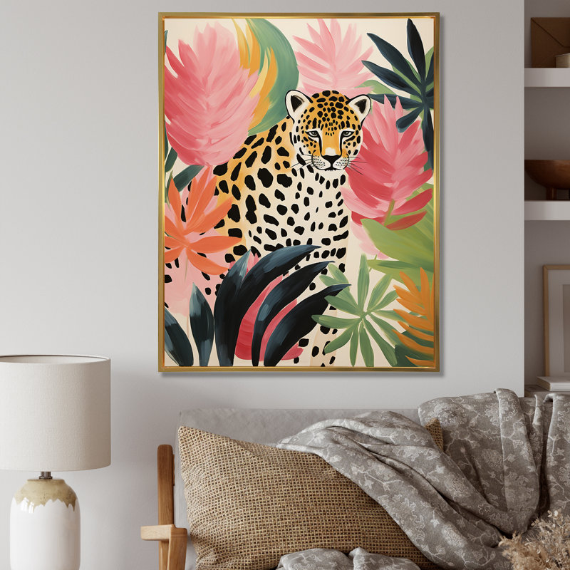 Vert et rose léopard, élégance tropicale I - art mural léopard / guépard, H 44 po x l 34 po x P 1,5 po, Cadre flottant doré