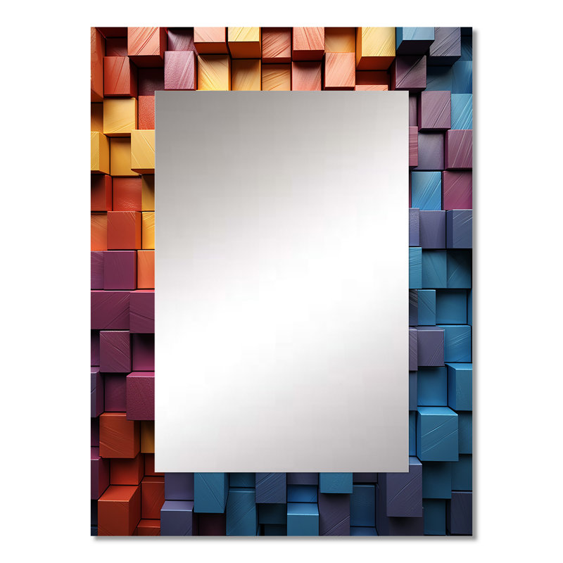 Rainbow Cubic Wood Spectrum - grand miroir de formes abstraites, miroir mural décoratif moderne, impression d'art en métal