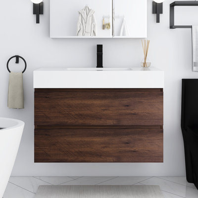 36'' Wall-Mounted Bathroom Vanity with Integrated Solid Surface Sink