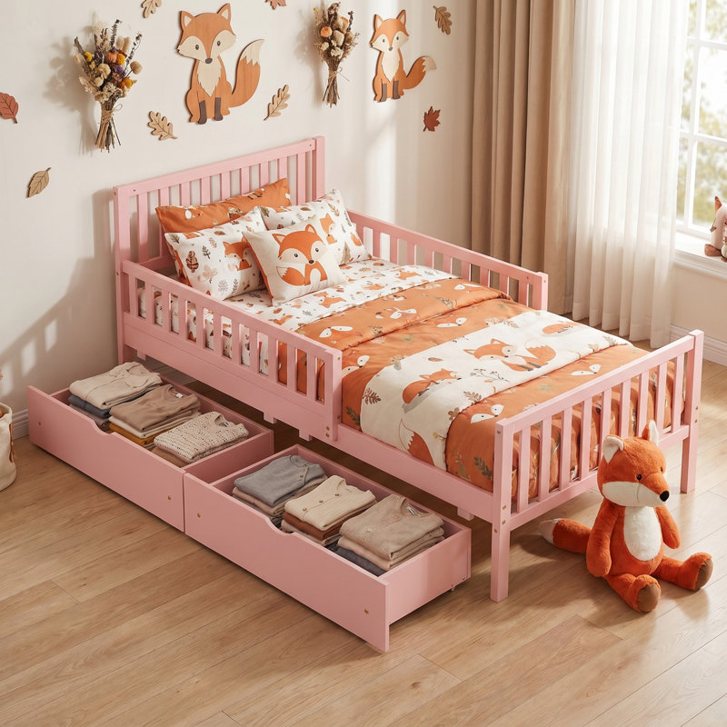 Lit simple: lit pour tout-petits en bois de pin rose avec rails de clôture de sécurité et 2 tiroirs de rangement sous le lit