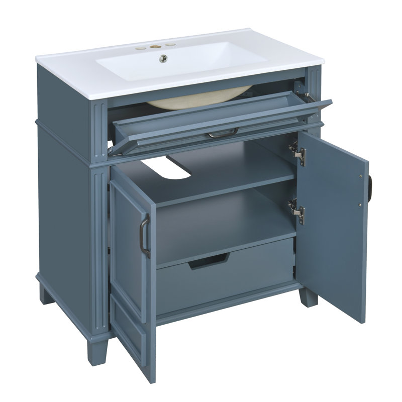 Meuble-lavabo de 30 po avec lavabo en céramique, armoire de rangement en bois massif avec portes à fermeture douce, style rétro, bleu