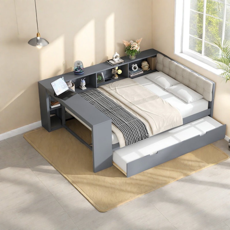 Lits en bois peu encombrants avec tablettes de rangement, design gris moderne