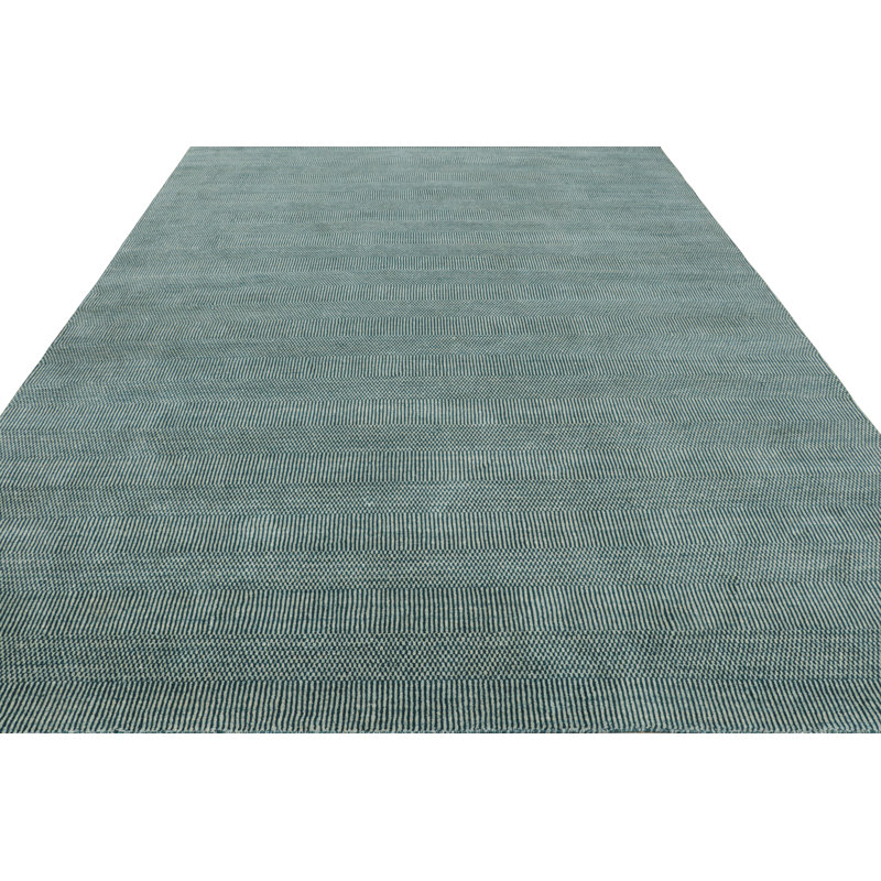Rug & Kilim’S Modern Rug In Cream And Blue, With Stripes And Geometric Patterns, Rectangle 9' x 12'