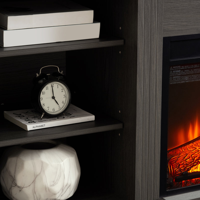 Console multimédia avec grande armoire de rangement, avec foyer encastré de 23 po, pour téléviseur de 70 po ou moins, meuble télé multimédia moderne, gris