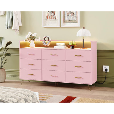 Commode 9 tiroirs avec lumières RVB contrôlées par l'application et station de charge, coffre en bois de grande capacité pour la chambre à coucher