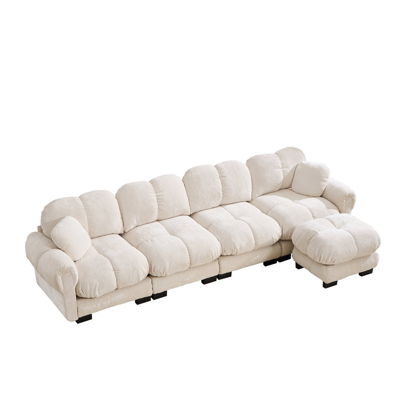 Ensemble de canapé modulaire surdimensionné en chenille avec coussins et 1 repose-pieds, blanc ivoire, 1 repose-pieds