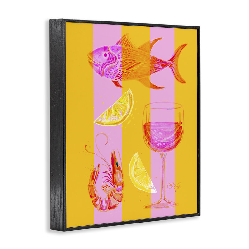 Estampe de fruits de mer d'été sur rayures, design par EttaVee, H 14 po x l 11 po, Giclée encadrée noir minuit