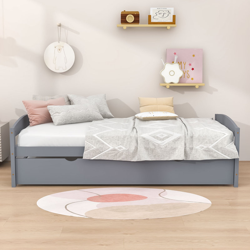 Lit plateforme en bois avec lit gigogne simple Teigan, gris