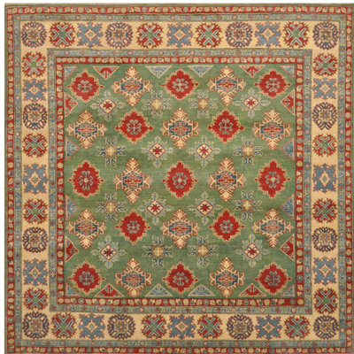 Tapis unique en laine noué à la main style Kazak vert / brun / rouge de 8 pi 1 po x 8 pi 3 po Jevon