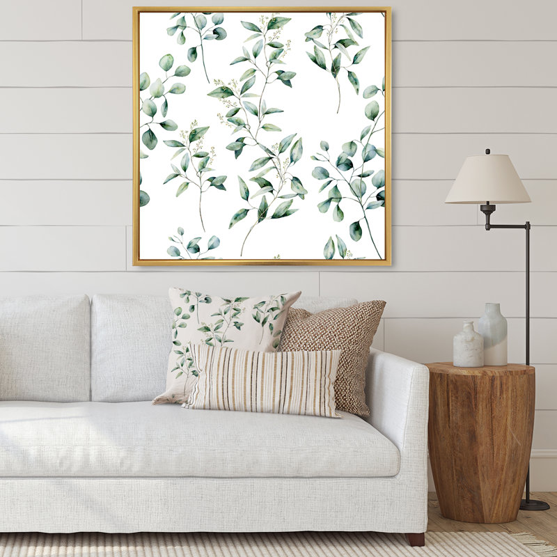«Eucalyptus Branches On White I», reproduction d'art sur toile traditionnelle, Cadre flottant doré