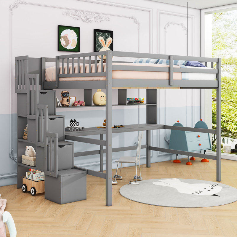 Full Loft Bed With Desk, Bookshelves And Storage Staircase, Gray