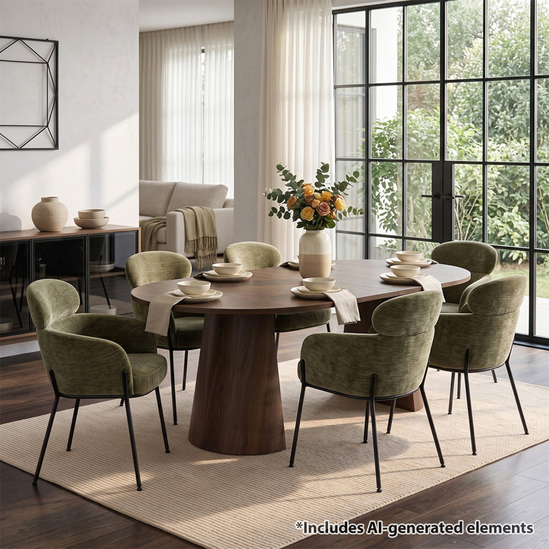 Ensemble de table de salle à manger extensible ronde à ovale avec fauteuils rembourrés, 7 pièces : table, 6 chaises, Vert