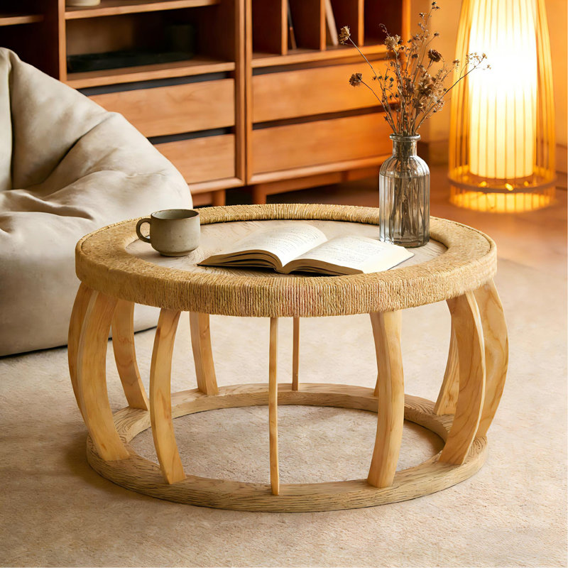 Table basse ronde ronde en bois massif de 35,43 po avec pieds courbés et table d'appoint Boho pour salle à manger, cuisine et salon, naturel
