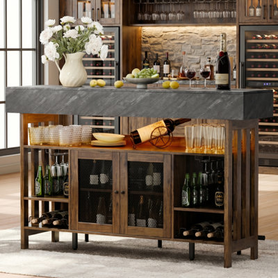 63-in Bar Table Cabinet With Led Lights, Home Bar Unit With 2 Drawers, Glass Holder, Wine Rack & Bottom Cabinet, Wine Liquor Bar For Kitchen Island， Living Room