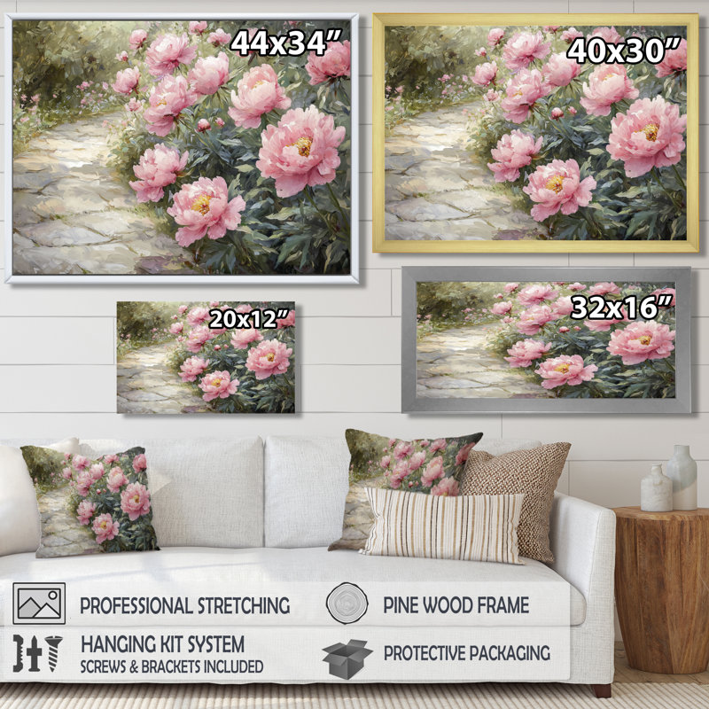 Pivoines le long du sentier du jardin I - pivoines, art mural, H 30 po x l 40 po, Impression encadrée flottante, Crème, crème