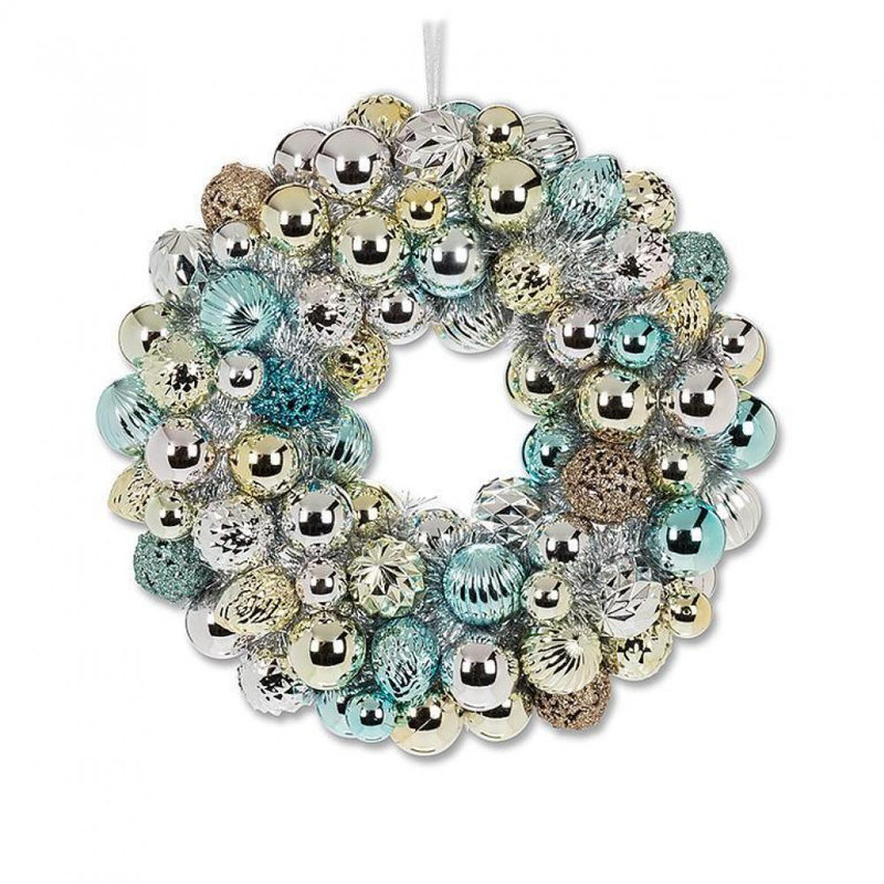 Couronne de boules dorées et argentées, Or / argent / bleu clair, H 12 po x l 12 po x P 3 po