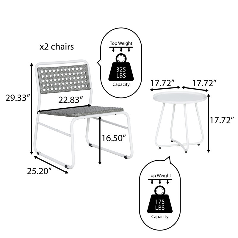 Freja Modern 3-Piece Gray Woven PE Rattan Outdoor Patio Chat Set, Indoor/Outdoor Balcony Bistro Furniture with White Steel Frame & Table