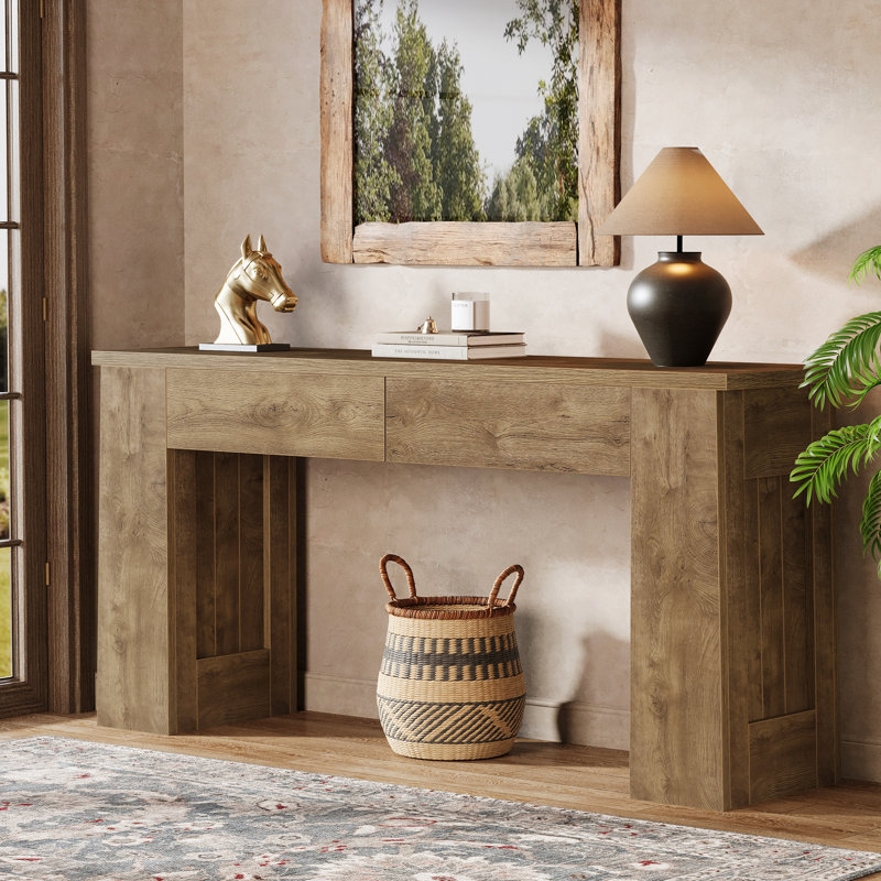 63" W x 11.8" D Console Table with 2 Drawers, Long Entryway Table for Living Room, Modern Light Brown Narrow Sofa Table