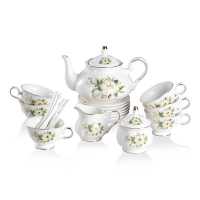 Service à thé en porcelaine à motif floral rétro, ensemble de tasse à thé et soucoupe à rebord doré British relief, ensembles de thé pour adultes 22 pièces, avec théière, bol à sucre, pot à lait, cuillères, tasse et soucoupe (Camélia)