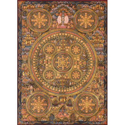 Cinq mandalas (Thangka sans brocart) | Or pur 24 carats, gouache et acrylique sur toile de coton