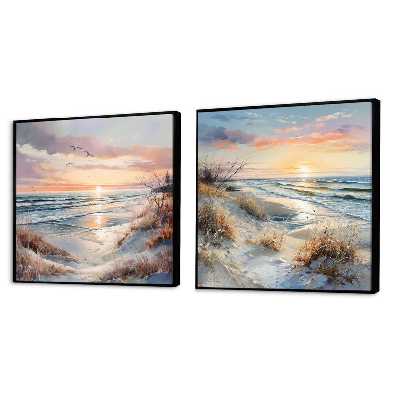 Beach Sunset Charm In Winter II - Coastal Sunset, Cadre flottant noir, H 16 po x l 33 po