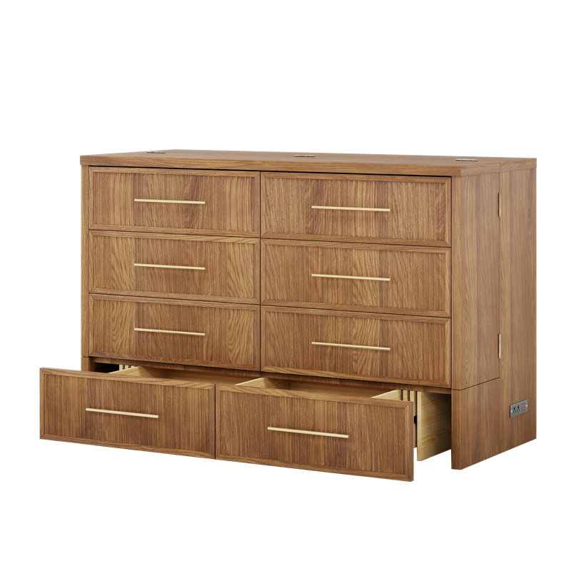 Grand lit escamotable 100% bois massif avec tiroirs de rangement et station de charge USB, style Mid-Century moderne, peu encombrant