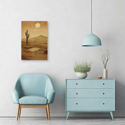 Paysage rétro du désert avec cactus sépia, art occidental sur toile tendue 12 x 18, brun