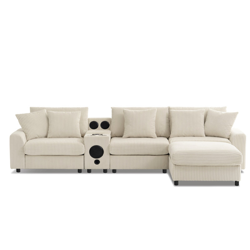 112*64'' Corduroy Sectional Sofa With Bluetooth Speakers,L-Shaped Couch With Console,Usb Charger,Cup Holders,Storage,Ottoman,Deep And Wide Seat Cloud Sofa For Living Room&Apartment