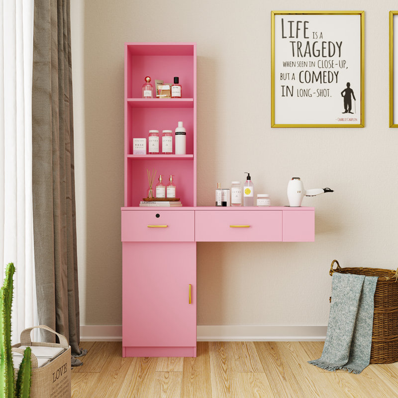 Pink Modern Black Hair Styling Station With Multi-Layer Storage, Drawers & Cabinet – Space-Saving Vanity Desk, Pink