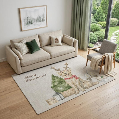 Tapis vert / gris taupe 5 pi x 8 pi lavable et patiné pour chiens de Noël avec protection UV