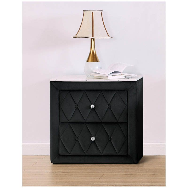 1pièce table de chevet en faux marbre avec 2 tiroirs de rangement à finition grise et capitonnée