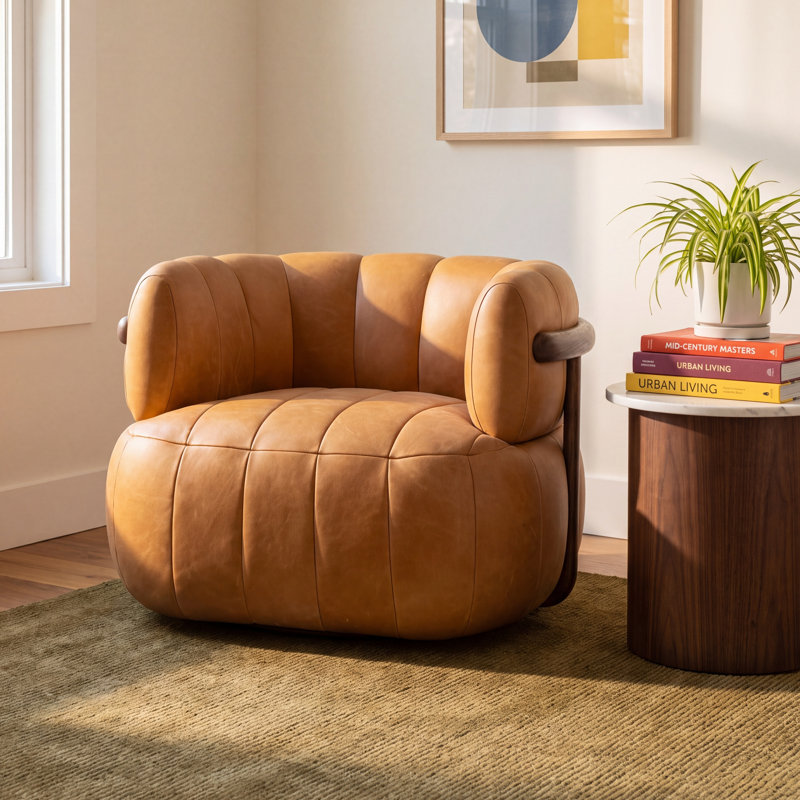 Gian Upholstered Swivel Barrel Chair, Palermo Cognac Top Grain Leather