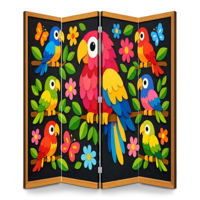 Back to School 4 Panneaux Paravent Paravent Royal Coloré Perroquets Papillons Fleurs Toile Séparateur de Pièce Autoportant Paravent Cloison Intimité