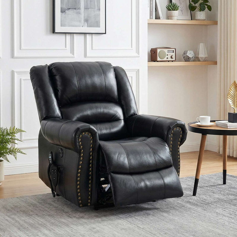 Aura 40" W Dual Motor Power Lift Recliner Infinite Position With Heat And Massage, Black Genuine Leather