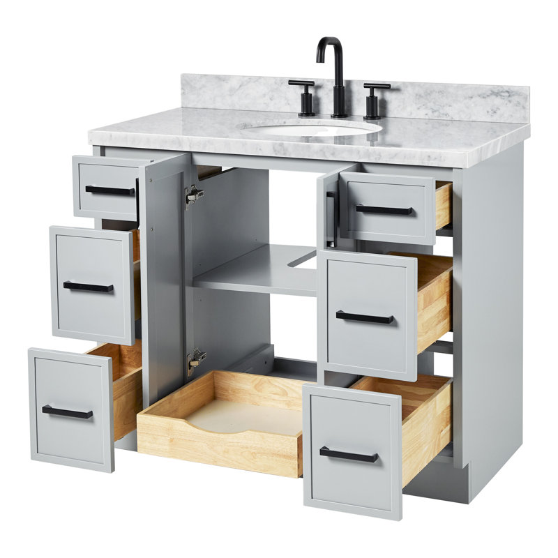 Ariel Kellie 43 Inch Single Oval Sink Bathroom Vanity With Italian Carrara Marble Countertop, Gray