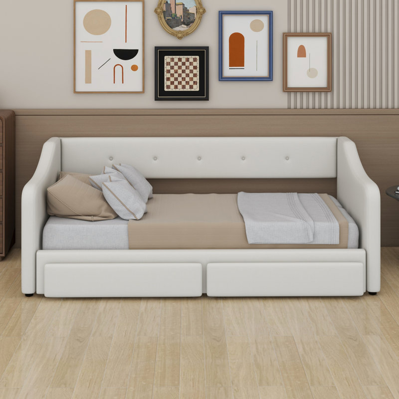 Lit de jour rembourré avec tiroirs, Beige