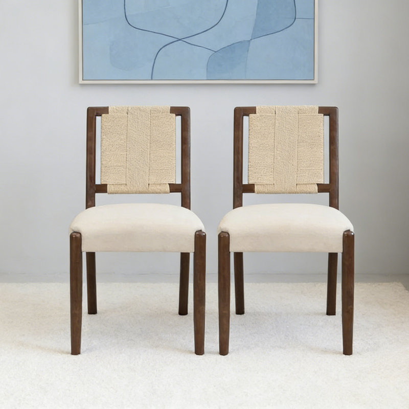 Upholstered Dining Chairs With Woven Rope Backrest, Set Of 2, Rubberwood Frame Side Chairs, Walnut