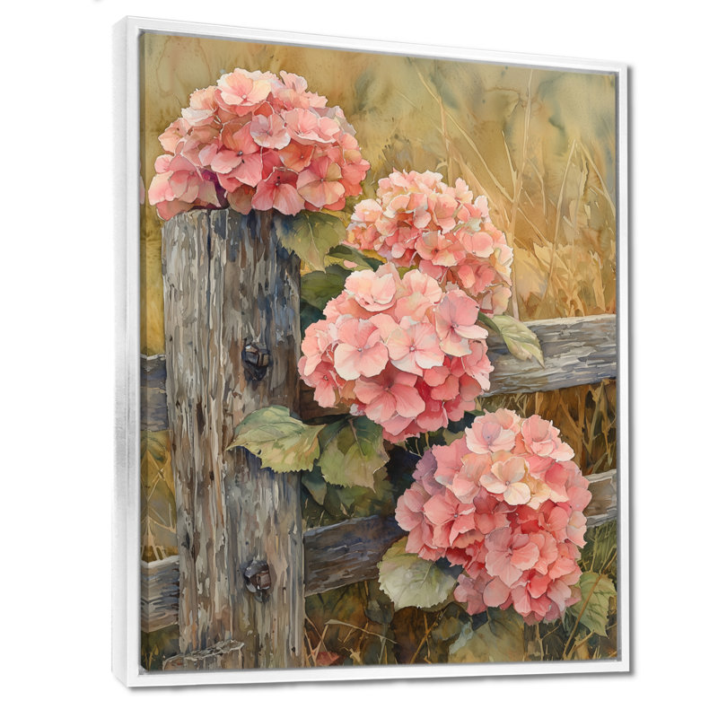 Farm Hydrangeas By The Fence I - Hydrangea, reproduction d'art sur toile, H 44 po x l 34 po, Reproduction avec cadre flottant
