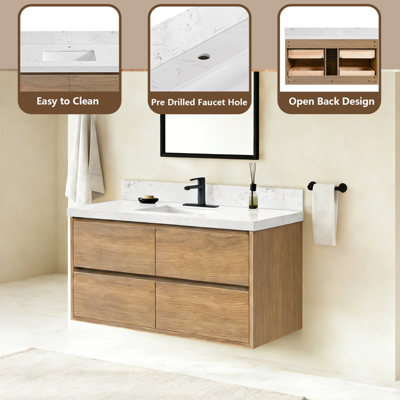 Meuble-lavabo mural moderne avec tiroirs flottants, Chêne, 48"