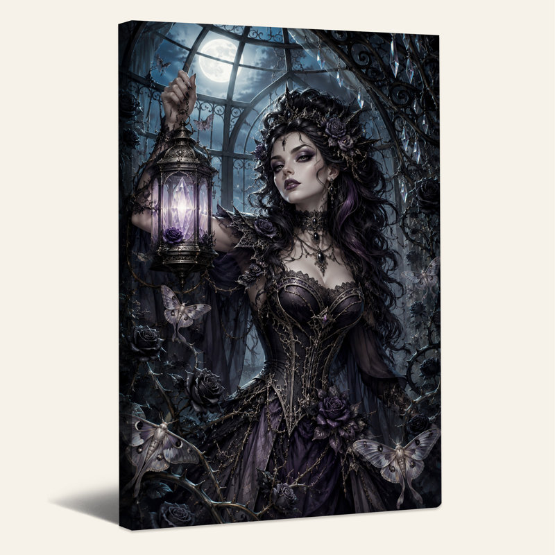 Impression sur toile, "Mauve gothique" avec lanterne et papillons de nuit, H 18 po x l 12 po