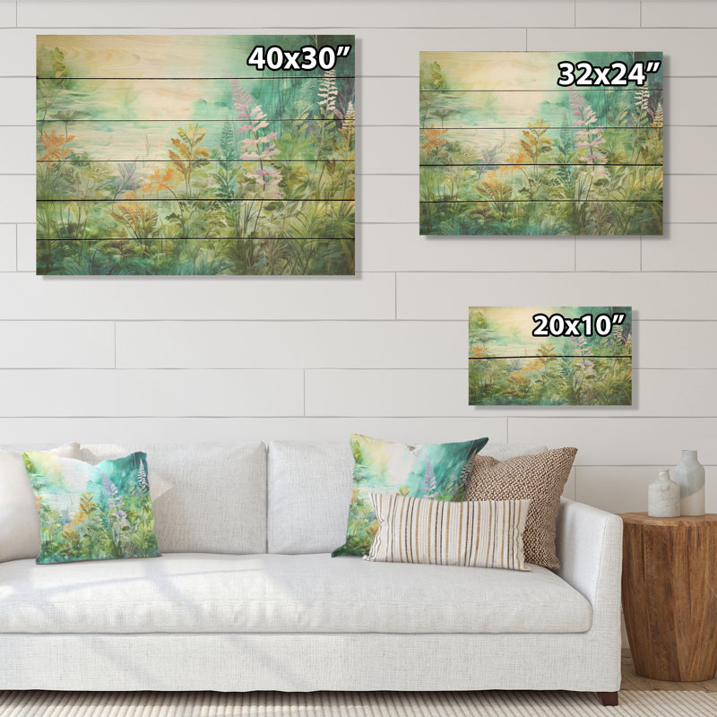 Ferns In The Wild Flowers Field I - Flower Field Wood Wall Art On Natural Pine Wood, 30" H x 40" W