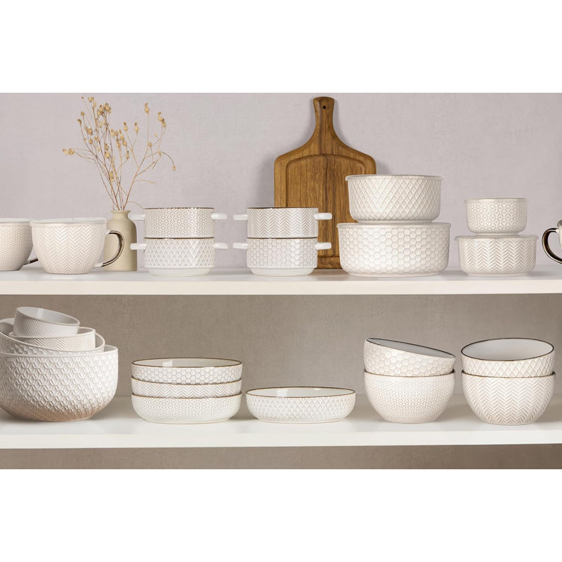 Ensemble de 4 bols à soupe en céramique, allant au micro-ondes et au lave-vaisselle, en relief avec motif géométrique, idéal pour la soupe, les céréales, le poke et plus encore, en grès cérame durable