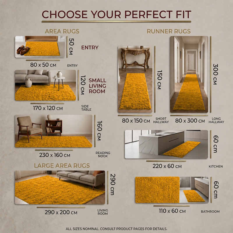 PLUSH Fluffy Shag Area Rug | Rich Ochre Yellow Faux Fur | Bohemian, Cozy & High-Pile, Rectangle 160 x 230 cm