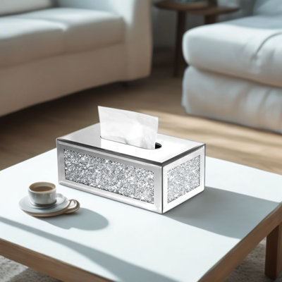 Luxury Mirrored Tissue Box Cover With Crushed Diamond Design, Silver Crystal Tissue Organizer For Bathroom, Bedroom, And Living Room Decor