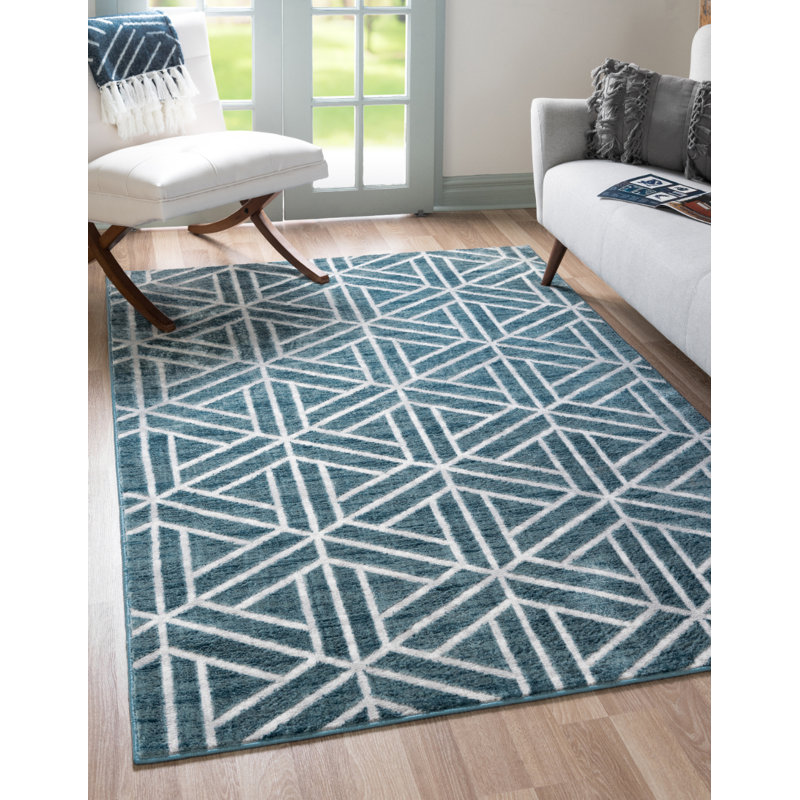 Tapis géométrique en laine bleu / ivoire Nucla, Rectangle 9 pi 10 po x 14 pi 1 po