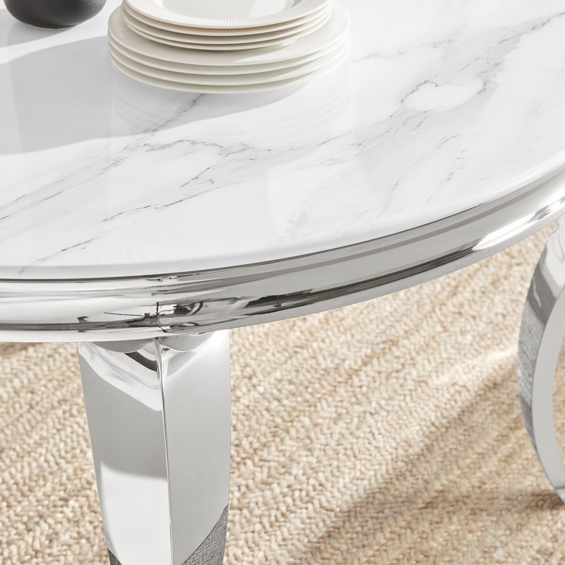 Bilche Round White Marble Glass & Metal Table With Eubanks Velvet Knockerback Dining Chairs, 6