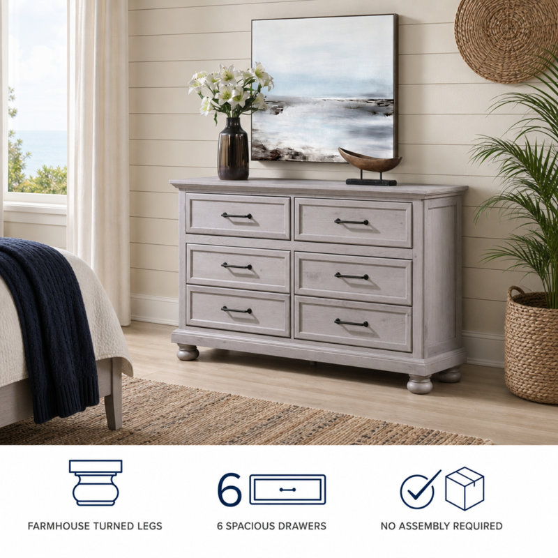 60" Wide Coastal Dresser in a Gray Finish with Turned Legs